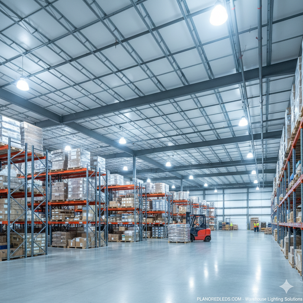 LED high-bay lighting installed in Plano TX warehouse showing bright, even illumination across industrial space