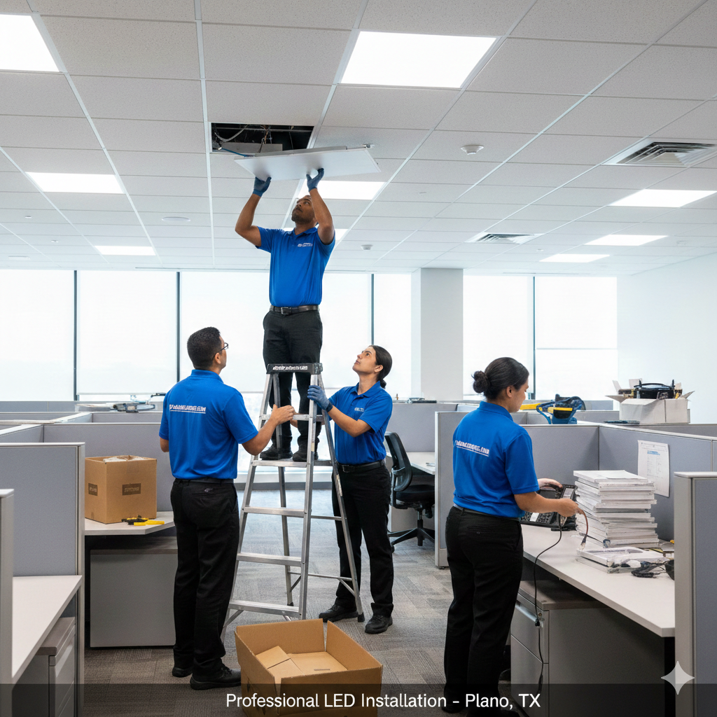 Professional LED lighting installation technicians working in Plano TX commercial building with safety equipment