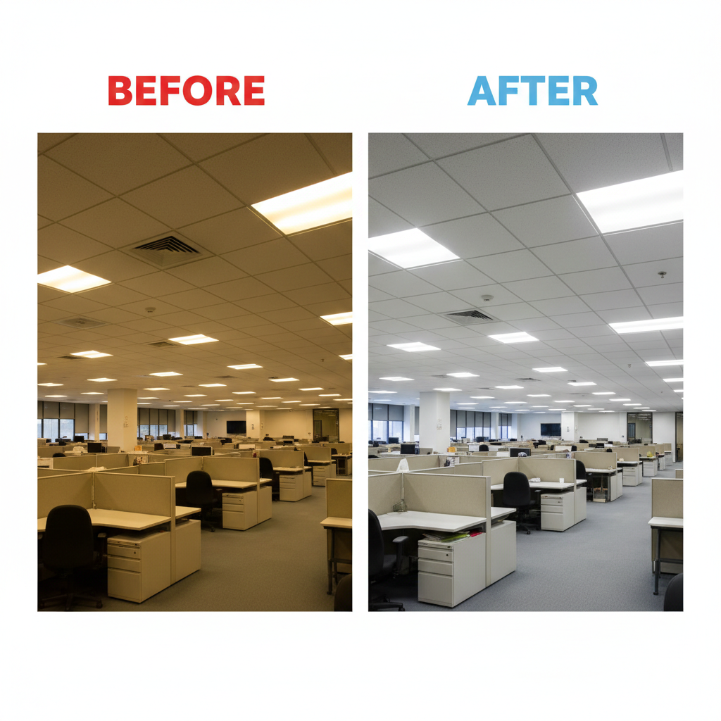 LED retrofit before and after comparison at Plano TX business showing improved commercial lighting