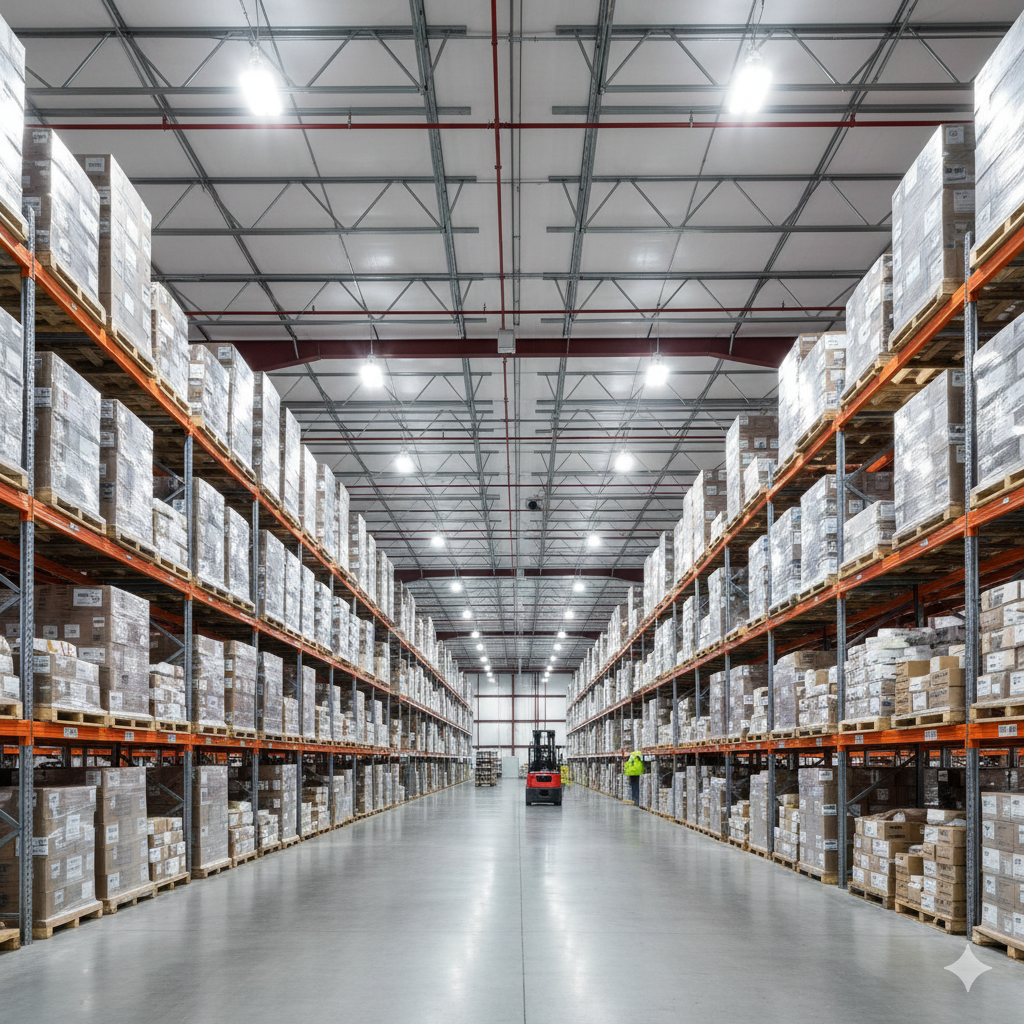 Warehouse LED high-bay lighting installation for Plano TX business showing industrial commercial lighting