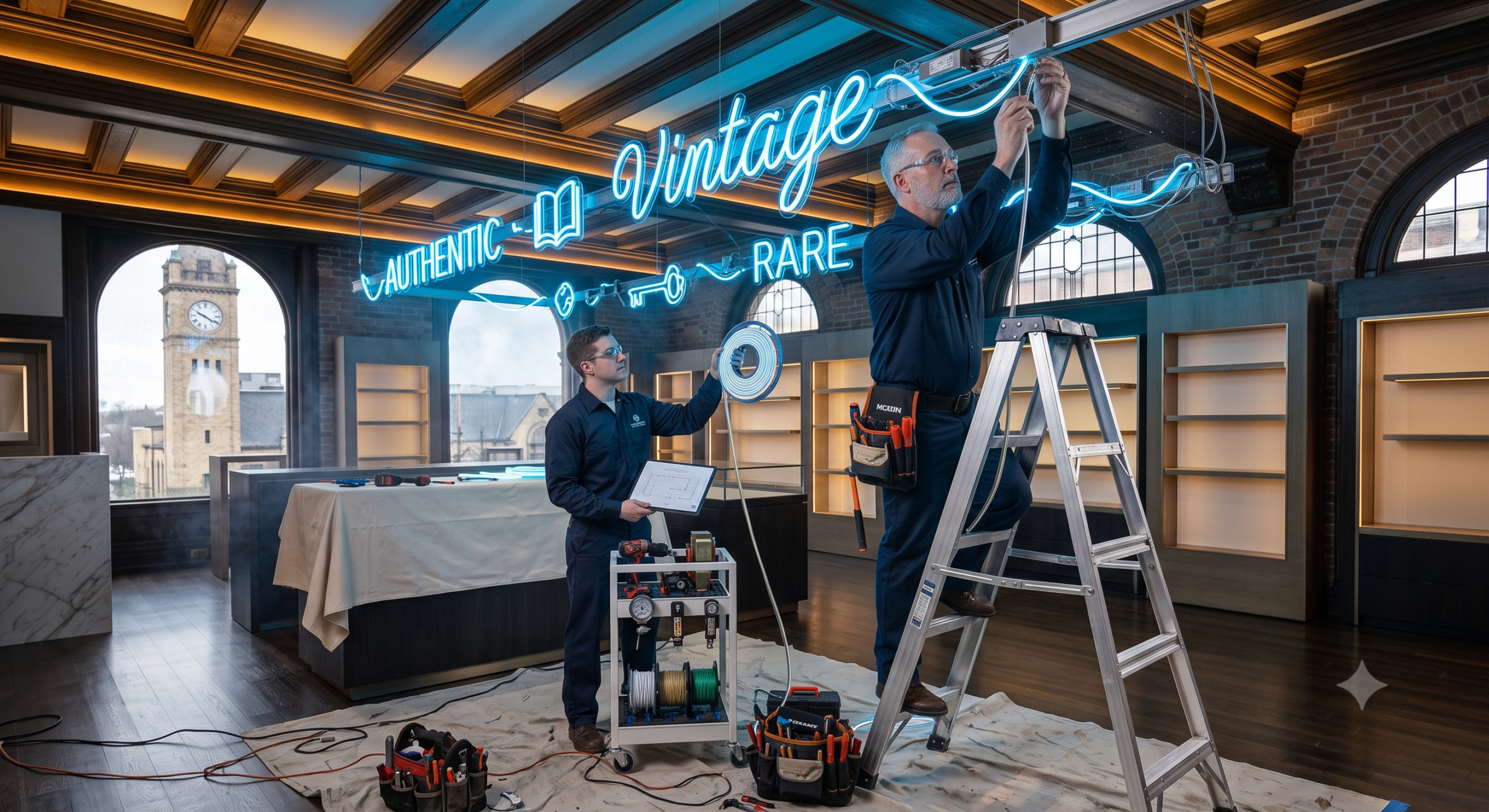 Professional lighting installation team at Highland Park commercial property