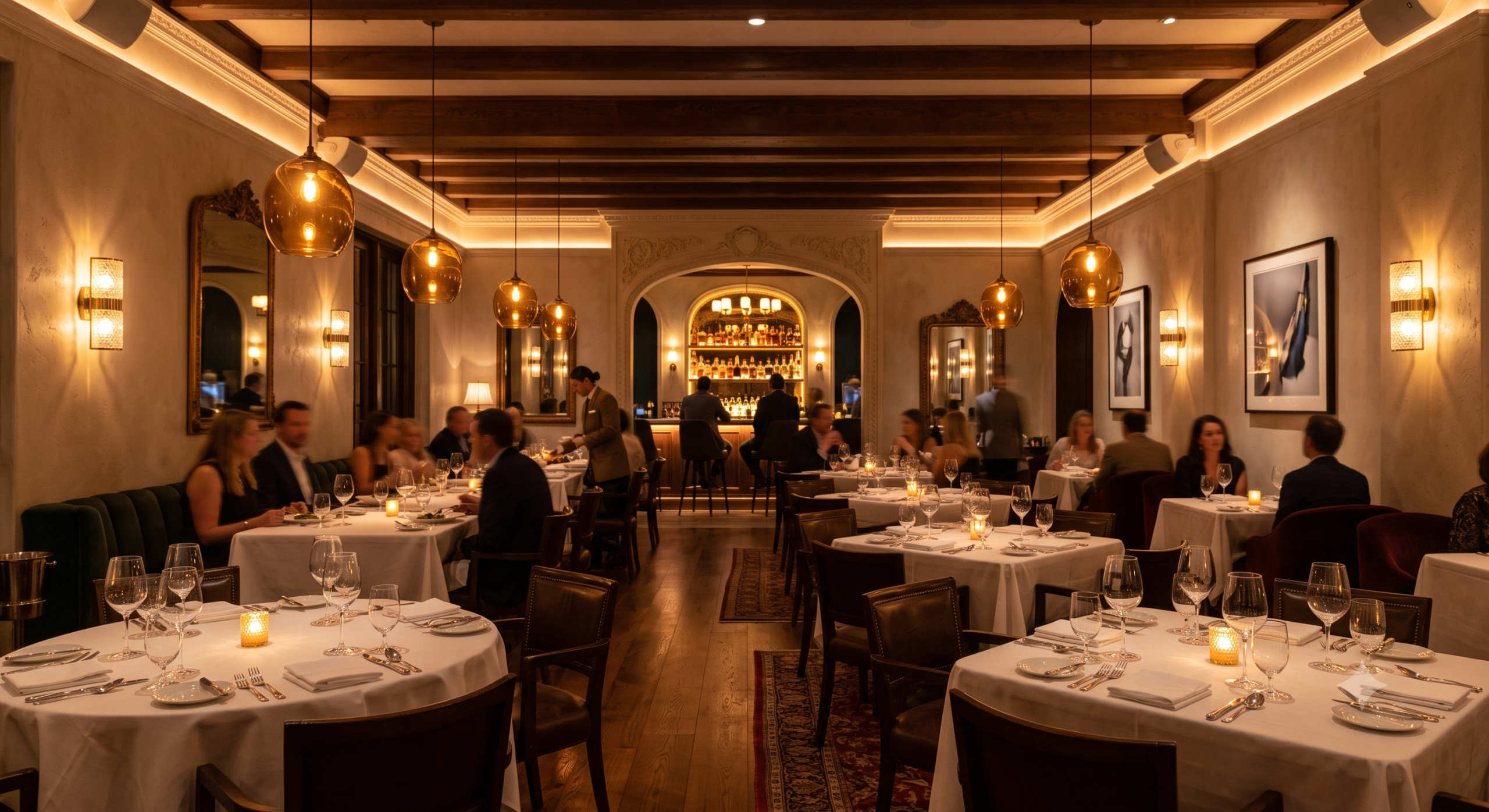 Restaurant LED lighting installation in Highland Park showing warm ambiance dining atmosphere