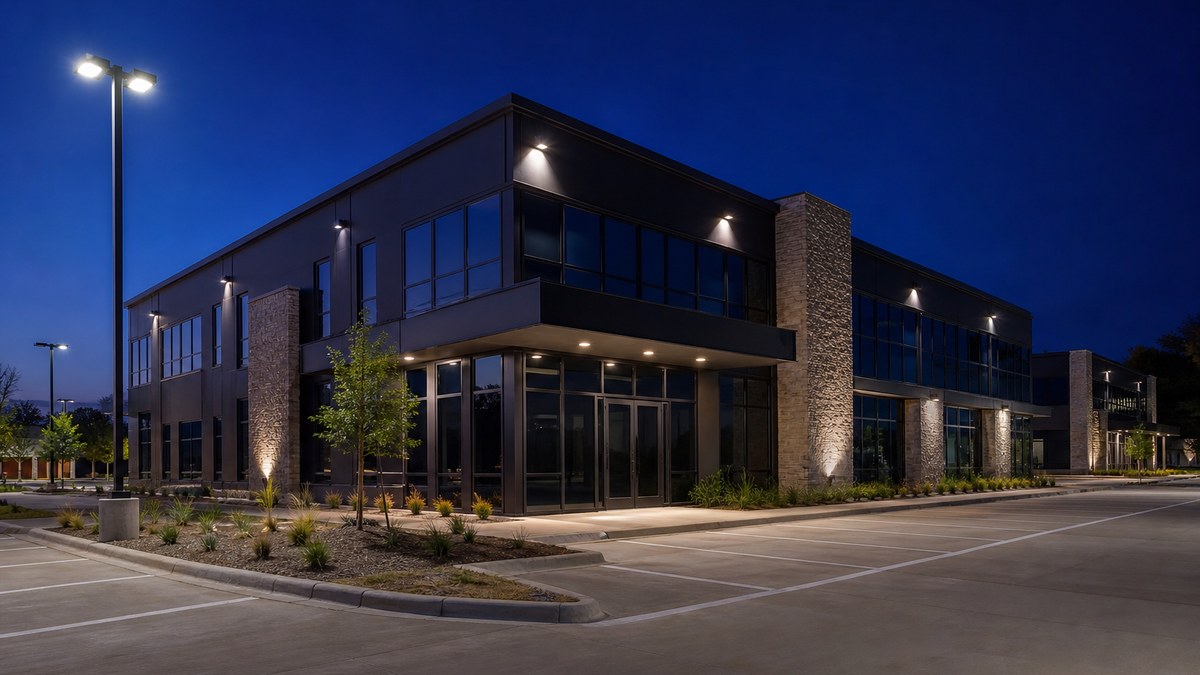 Plano commercial building exterior at dusk with new LED wall packs, canopy lighting and parking lot pole lights