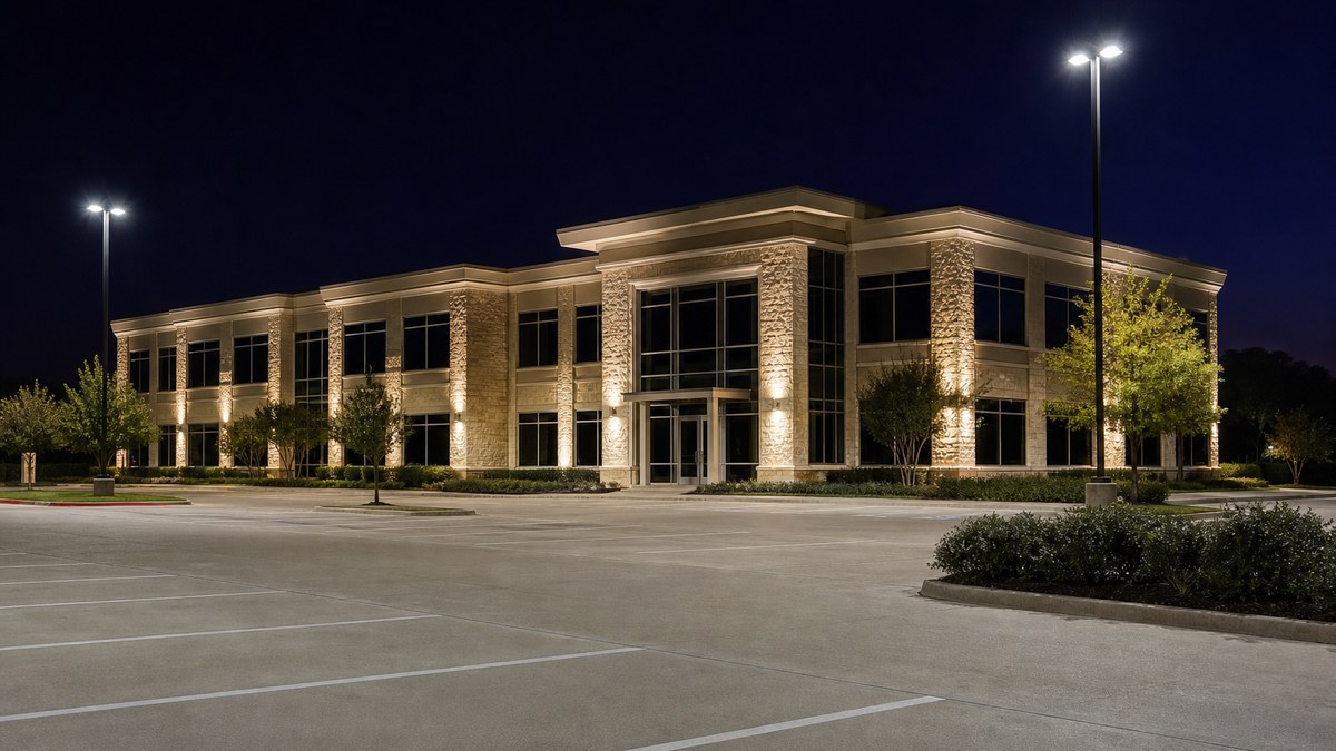 Plano commercial building exterior at night with new full-cutoff LED wall packs and parking lot pole lights