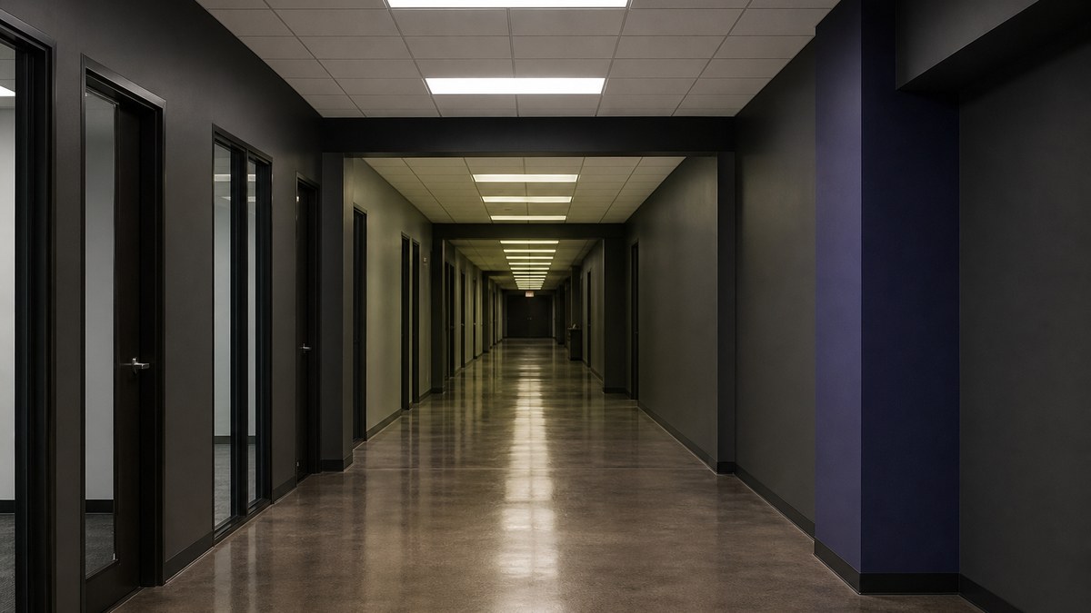 Before and after LED fixture replacement in a Plano office corridor with old fluorescent troffers and new LED panel lights