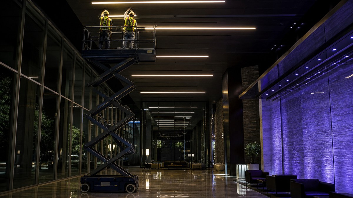 Commercial LED lighting installation in a Plano TX office lobby with installers on a lift fitting linear LED fixtures at night