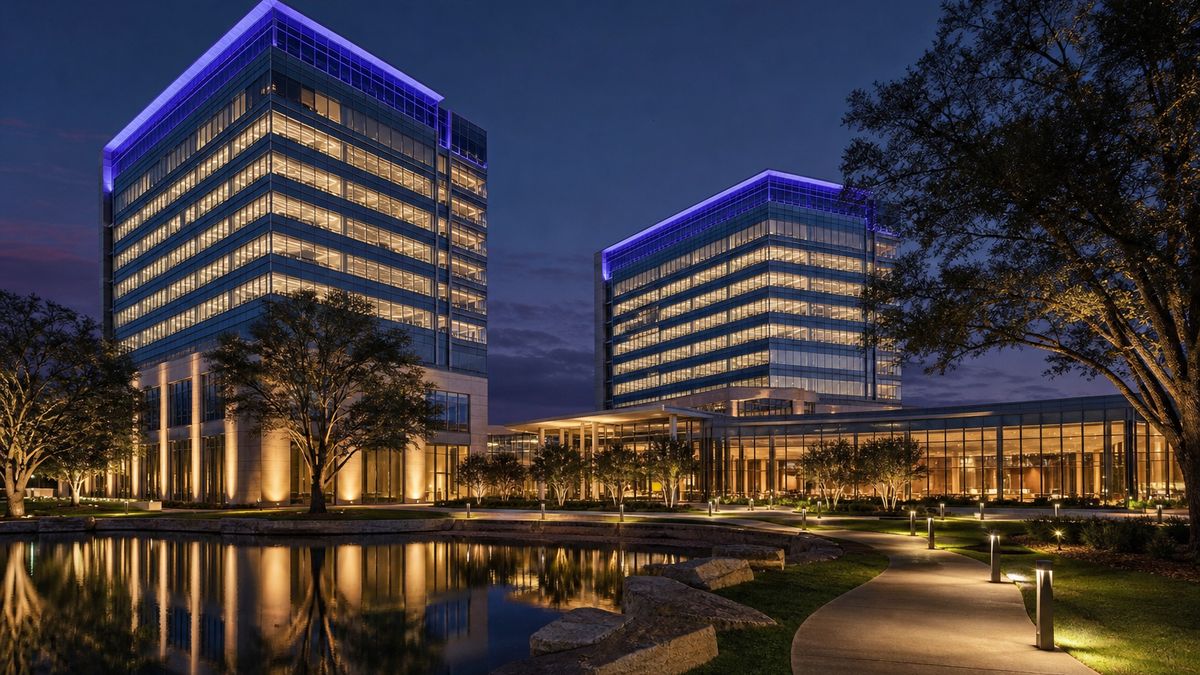 Corporate campus in Legacy Plano Texas with glass office towers, LED facade lighting and lit walkways at dusk