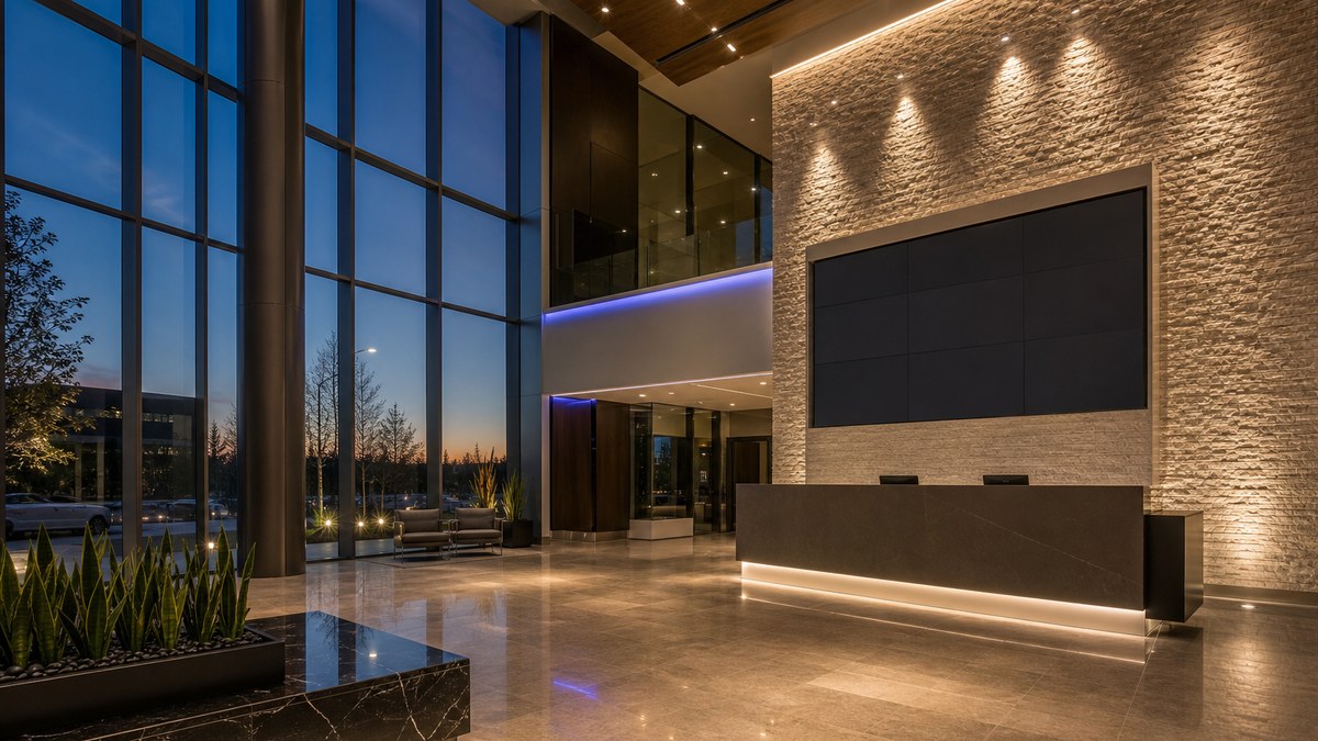 Corporate headquarters lobby atrium in Plano with layered LED architectural lighting, lit feature wall and reception desk