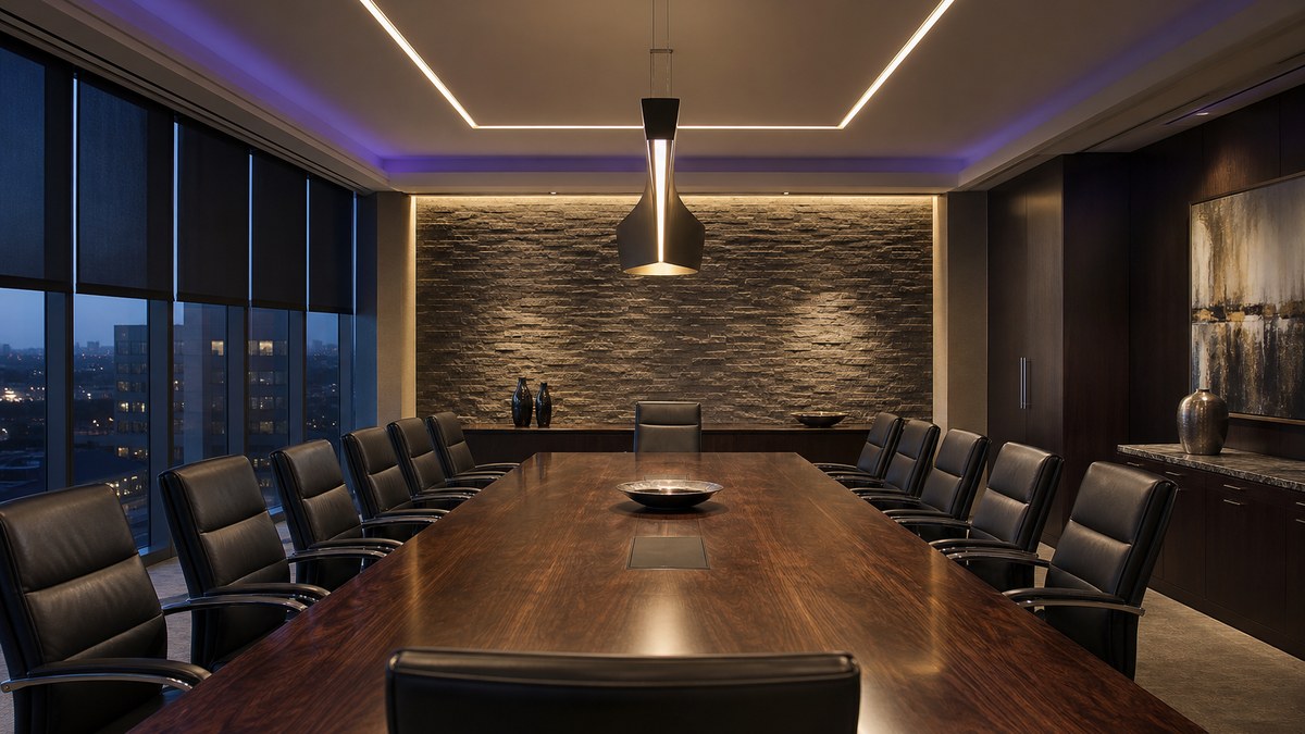 Executive boardroom in a Legacy Plano corporate office with LED pendant lighting over the table and evenly washed walls