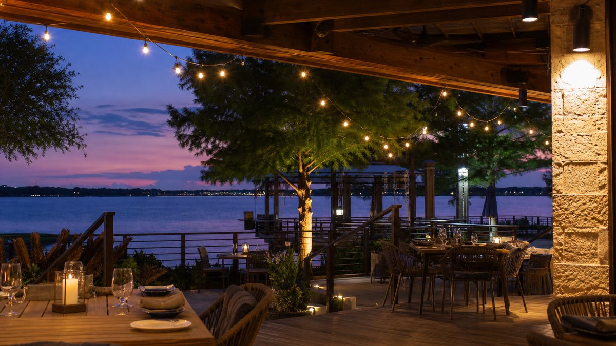 Lakeside restaurant patio near Lake Dallas Texas with warm dimmable LED string lights and shielded downlights at dusk