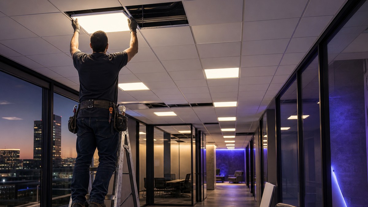Commercial light fixture installation in a Plano Texas office with new LED troffers being installed in a suspended ceiling