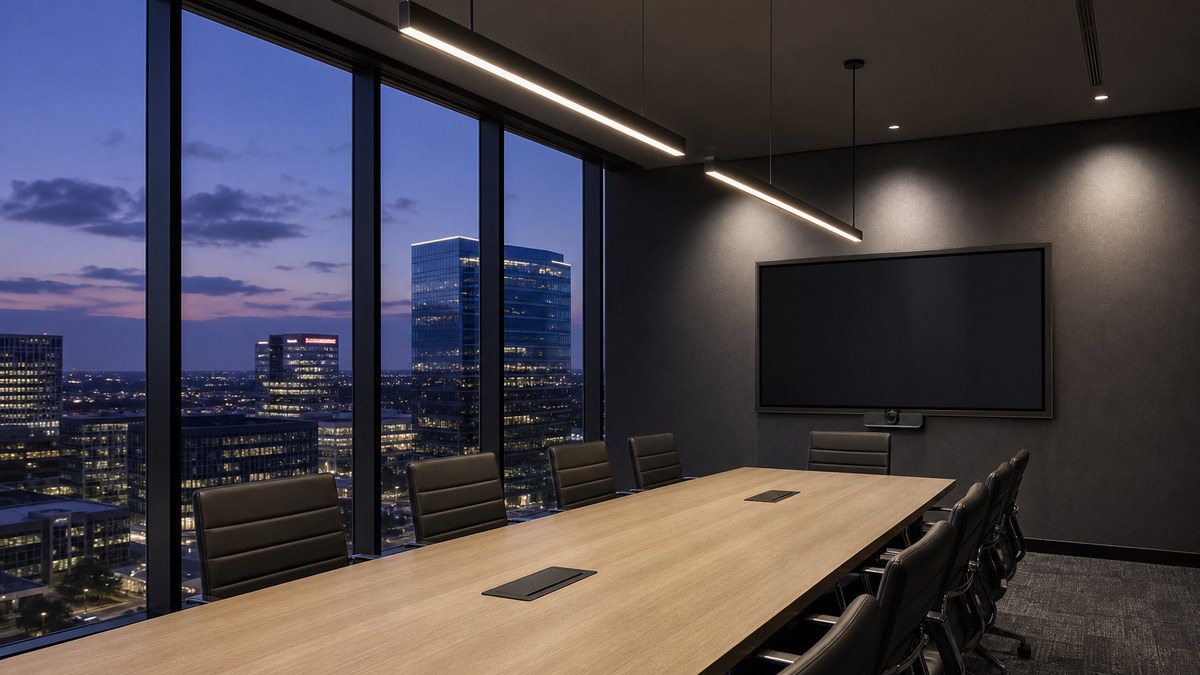 Modern conference room in a Plano Texas office tower with LED linear lighting, wall washing and a video conferencing display at dusk
