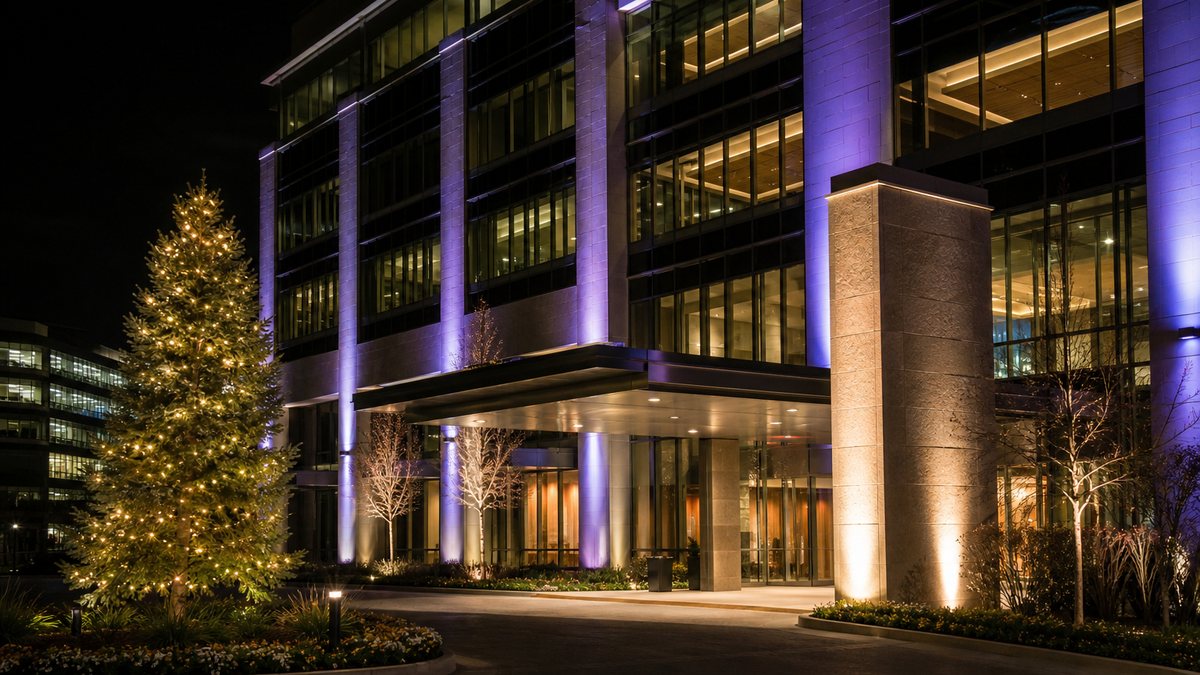 Modern Plano office building entrance with RGBW LED facade wash in indigo and warm white for the holidays at night