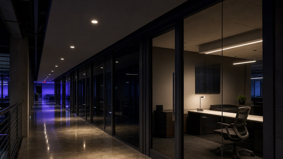 Office corridor and private offices with LED lighting and ceiling occupancy sensors in a Collin County office building at night
