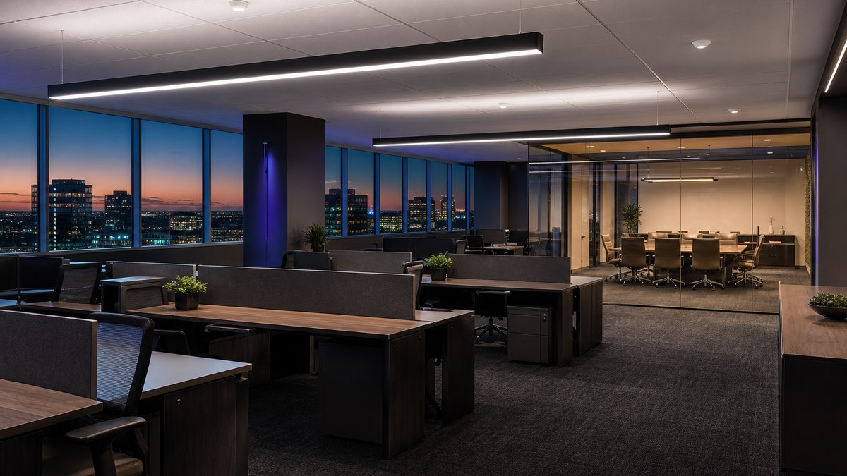 Open office in a Plano corporate building with new linear LED pendants, ceiling occupancy sensors and daylight from windows
