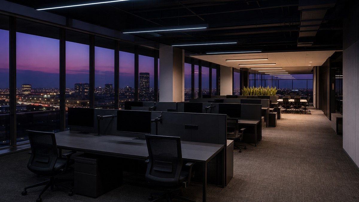 Modern Plano Texas office floor at dusk with LED lighting zones dimmed by networked office lighting controls