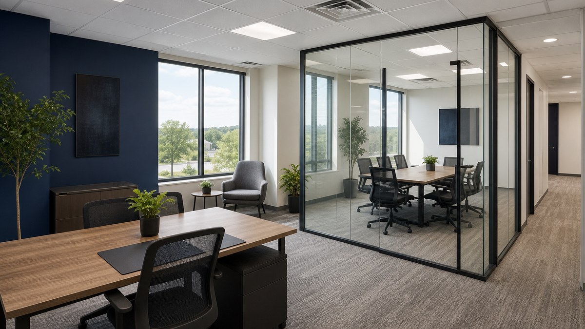 Modern office suite in Highland Village with glare-free LED panel lighting and daylight dimming near windows