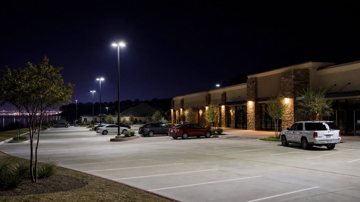Commercial parking lot near Lewisville Lake with full-cutoff LED pole lights and lit building facade at night
