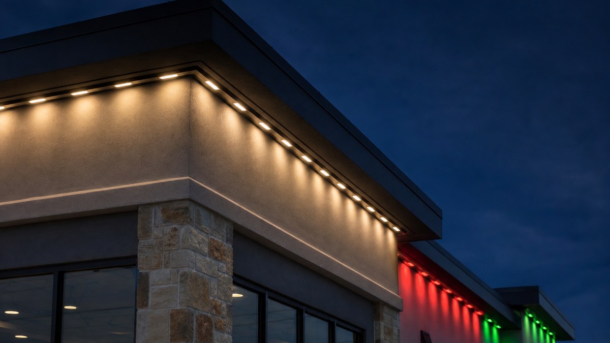 Low-profile permanent LED channel lighting along the roofline eave of a commercial building in Collin County at dusk