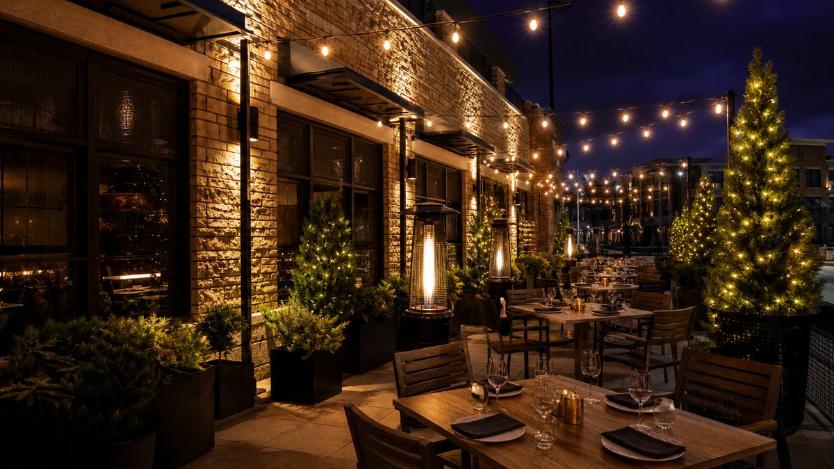 Restaurant patio in Legacy Plano with warm LED festoon lights and lit trees on a winter evening