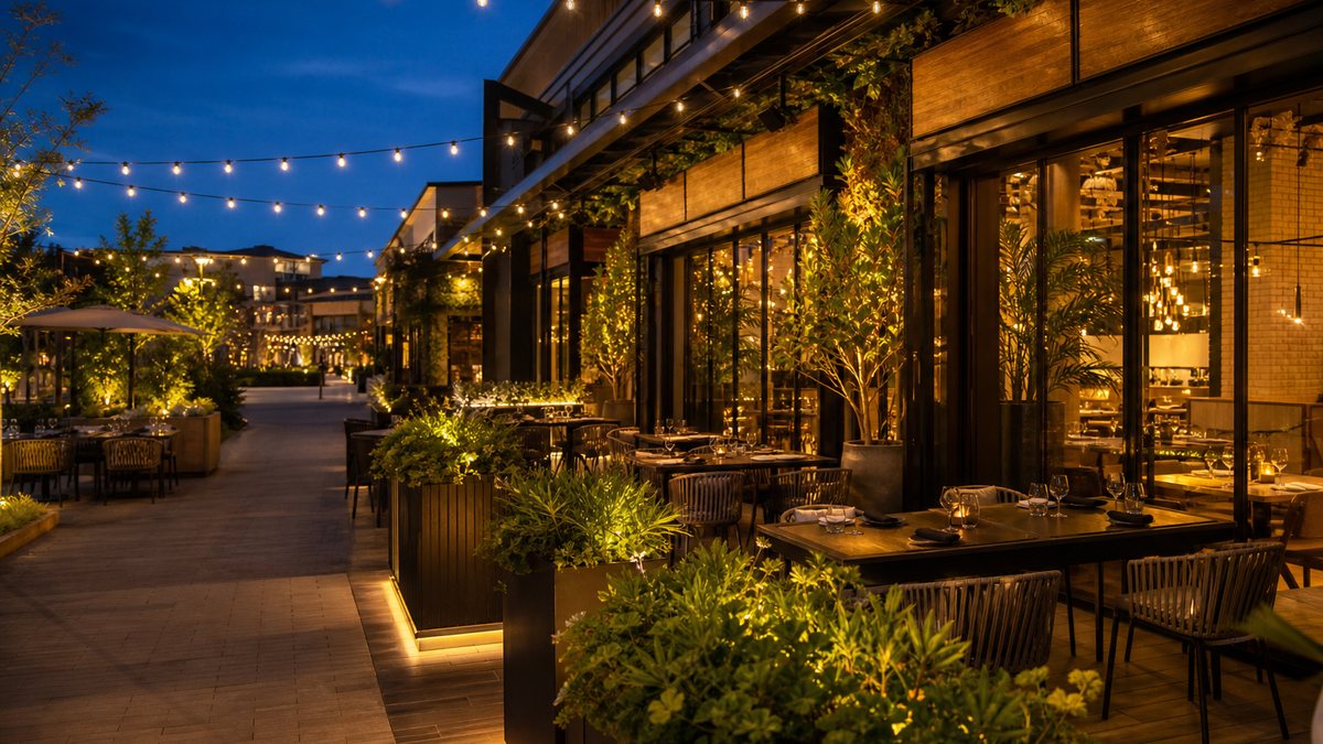 Restaurant patio and storefront in a Plano shopping center with warm LED lighting and string lights in the evening