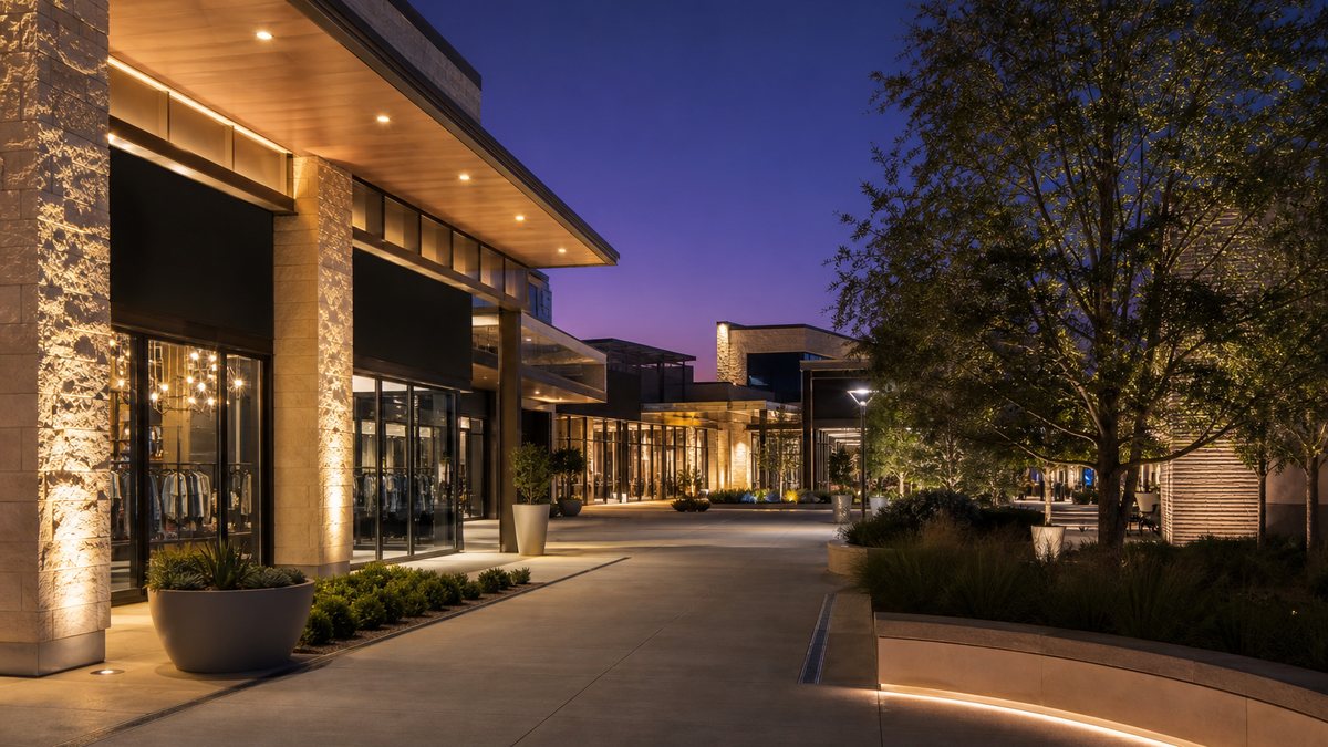 Upscale open-air shopping center in Plano Texas with LED storefront, canopy and walkway lighting at dusk