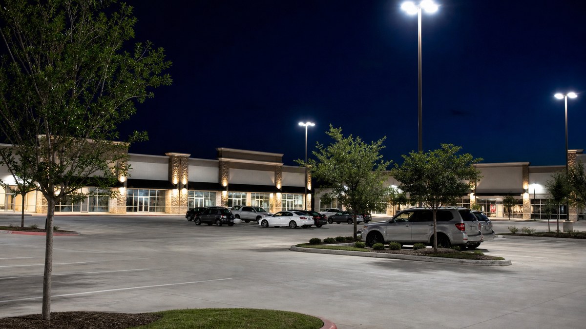 Shopping center parking lot in Plano with LED pole lighting and lit storefront canopy at night