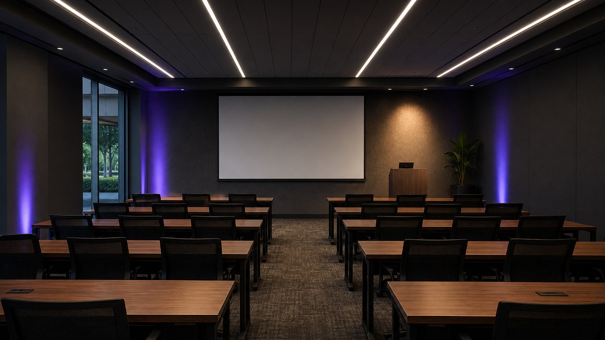 Training room in a Collin County corporate campus with rows of dimmable LED linear fixtures and a presenter zone
