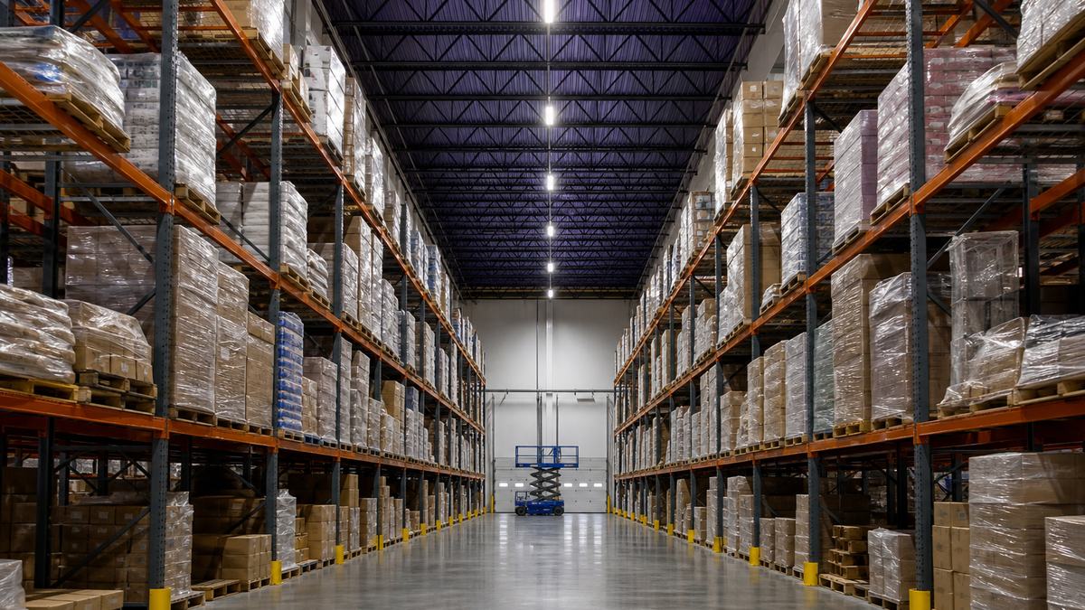 Warehouse in Collin County with new LED high bay fixtures replacing old metal halide lights above racking aisles